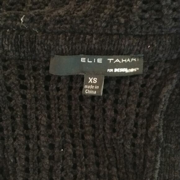 Elie Tahari Open Knit Sweater Women's Sz XS Black Sheer Spilt  Back Pullover Top - Picture 13 of 15
